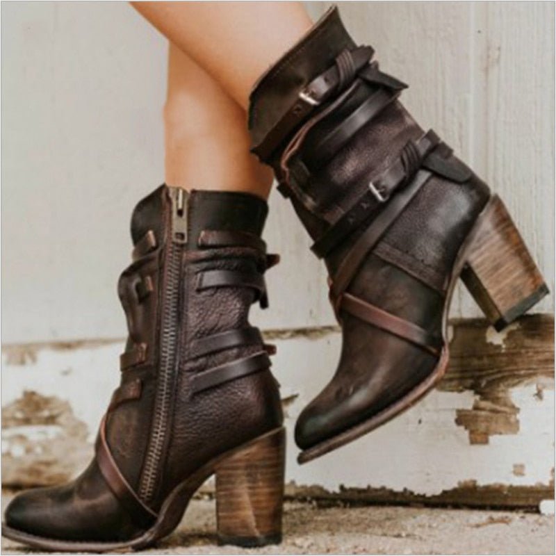 NOUVEAU RICHE Lederstiefeletten PU Leder Retrolook Boho Stil Damen Dunkelbraun
