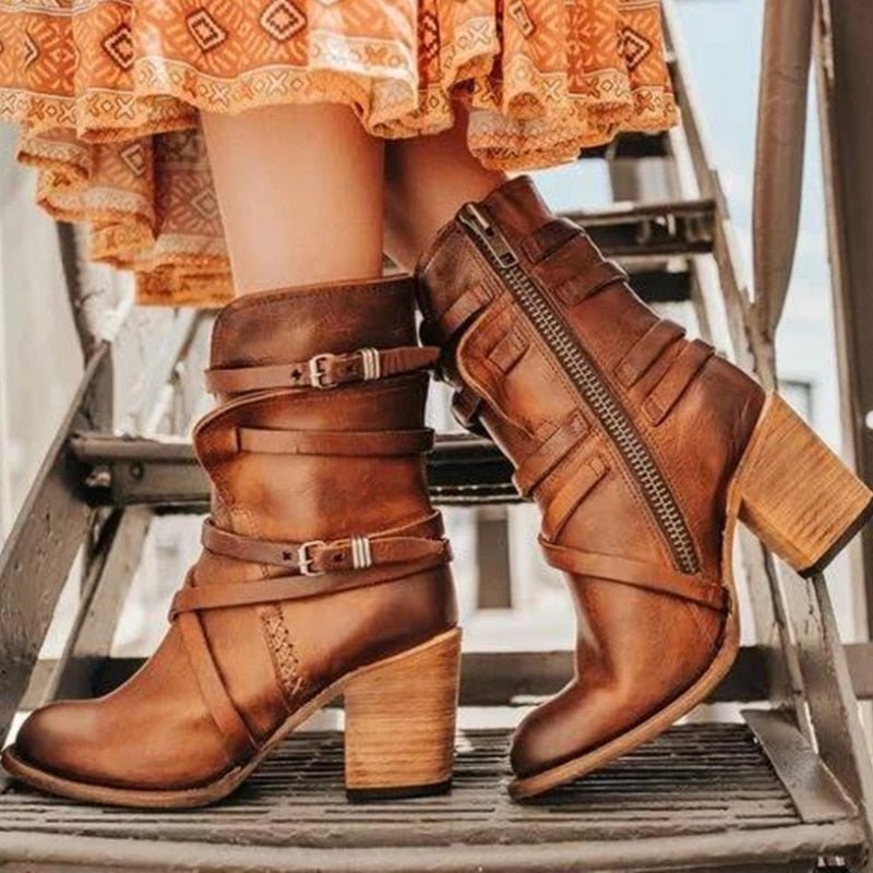 NOUVEAU RICHE Lederstiefeletten PU Leder Retrolook Boho Stil Damen Rotbraun