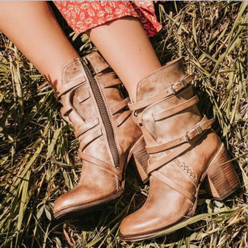 NOUVEAU RICHE Lederstiefeletten PU Leder Retrolook Boho Stil Damen Khaki