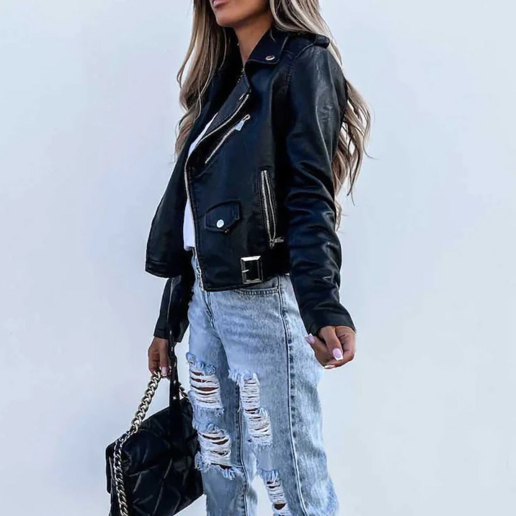 NOUVEAU RICHE Sephira | Damen Lederjacke - Luxusleder mit Stehkragen, Gürtel & elegantem Design