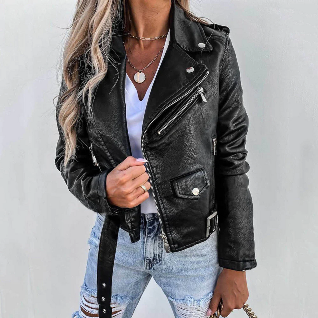 NOUVEAU RICHE Sephira | Damen Lederjacke - Luxusleder mit Stehkragen, Gürtel & elegantem Design Schwarz