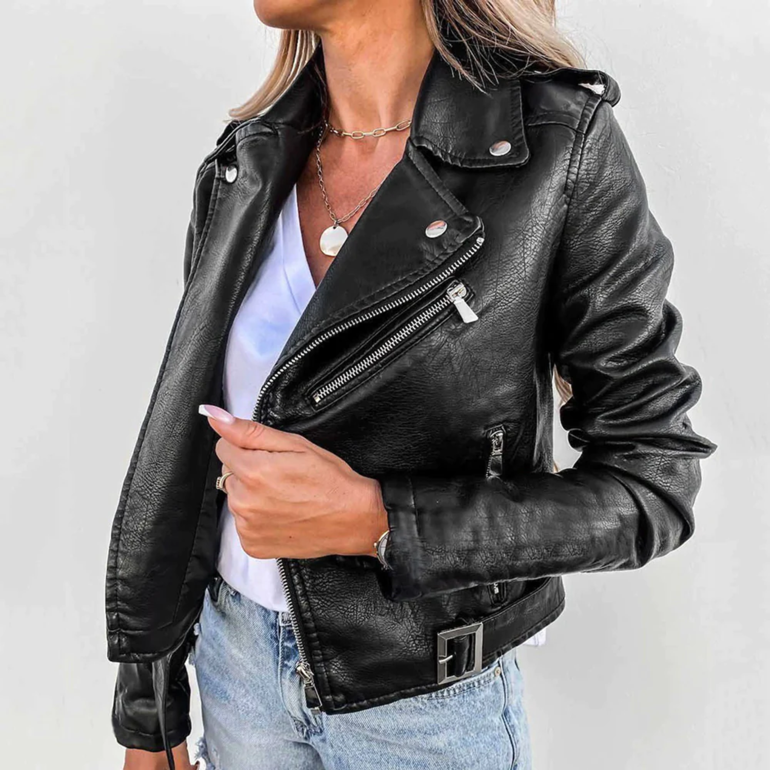NOUVEAU RICHE Sephira | Damen Lederjacke - Luxusleder mit Stehkragen, Gürtel & elegantem Design