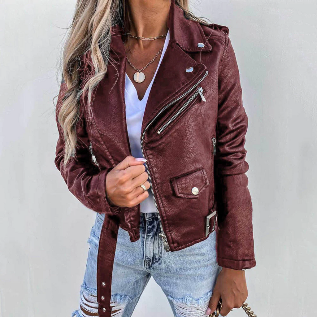 NOUVEAU RICHE Sephira | Damen Lederjacke - Luxusleder mit Stehkragen, Gürtel & elegantem Design Rot