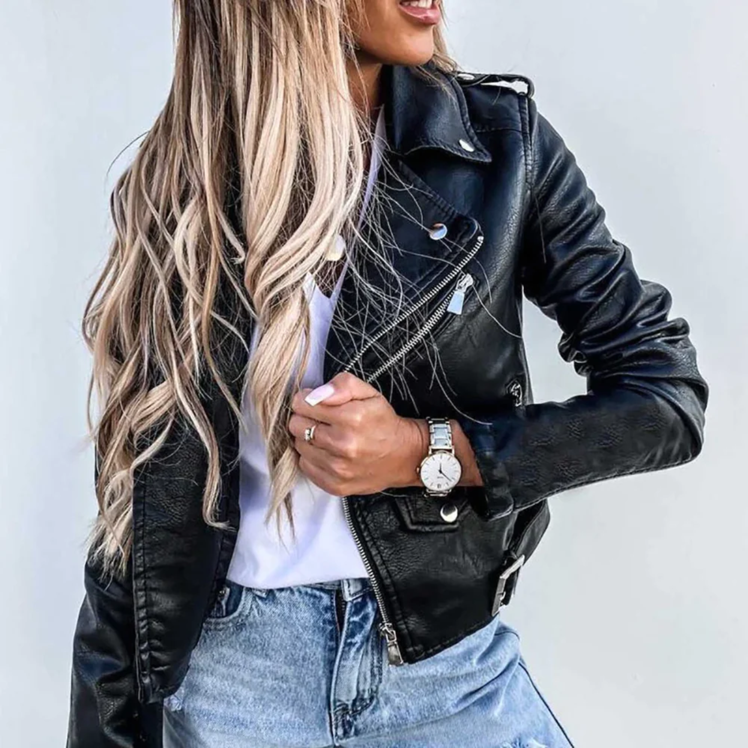 NOUVEAU RICHE Sephira | Damen Lederjacke - Luxusleder mit Stehkragen, Gürtel & elegantem Design