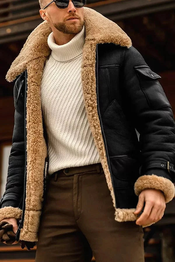 NOUVEAU RICHE Herren Camel Fliegende Jacke Echtes Schafsfell Vintage Schwarz