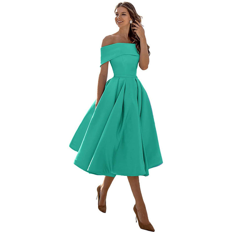 NOUVEAU RICHE Schulterfreies Satin Sommerkleid Damen Elegant Luftig A Linie Eisblau