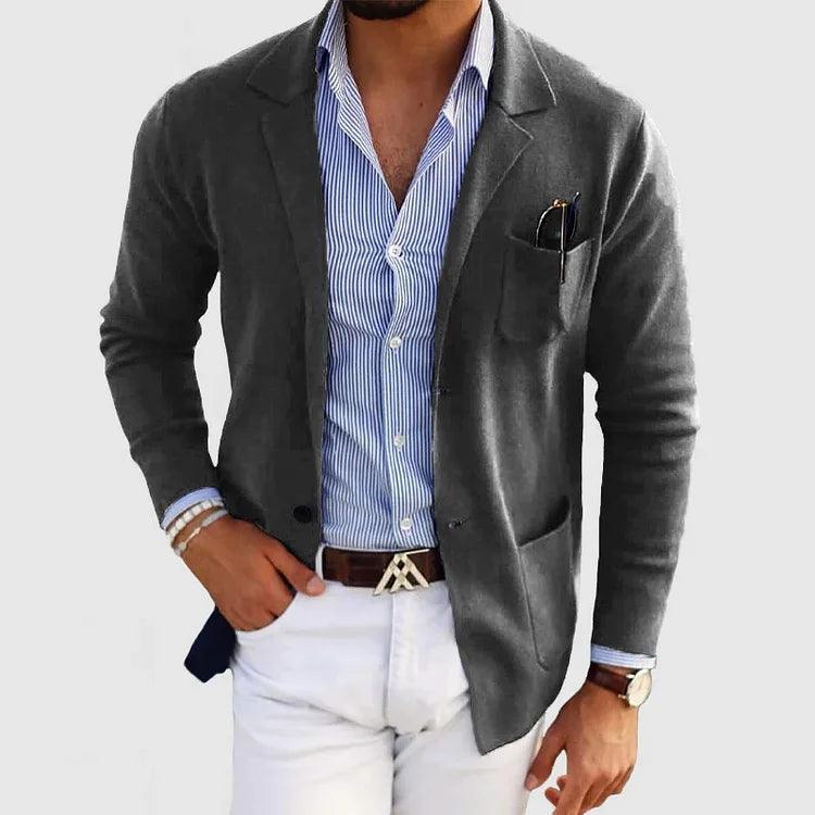 NOUVEAU RICHE Herren Strickjacke Taschen Reverskragen Einfarbig Langarm Dunkelgrau