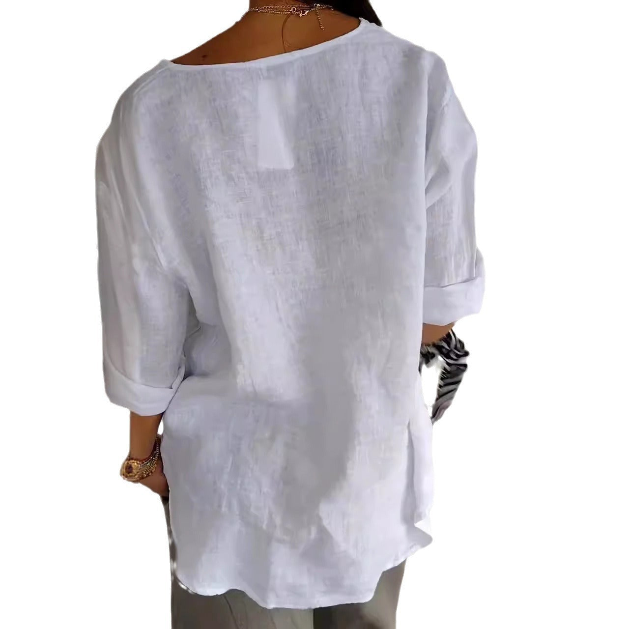 NOUVEAU RICHE Damen Bluse Lockerer Schnitt V-Ausschnitt 3/4 Ärmel Knopf