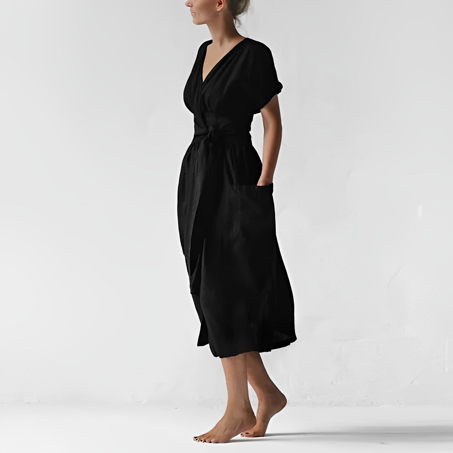 NOUVEAU RICHE Midikleid Mit Gürtel Seitentaschen V Ausschnitt Kimonoärmel