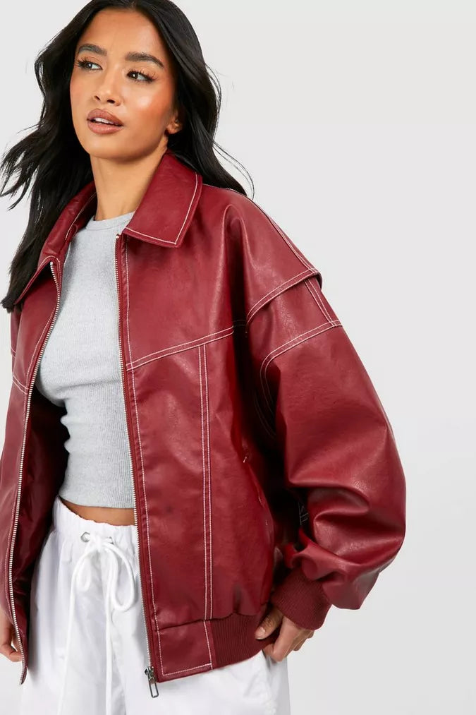 NOUVEAU RICHE Rote Oversize Jacke Leder Strahlendes Fashion Statement Rot