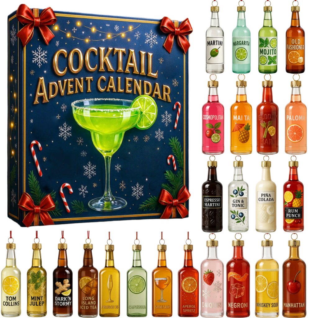 NOUVEAU RICHE Festlicher Cocktail-Adventskalender – 24 Mini-Cocktails zum Aufhängen, Weihnachts-Countdown mit Drinks & Baumschmuck