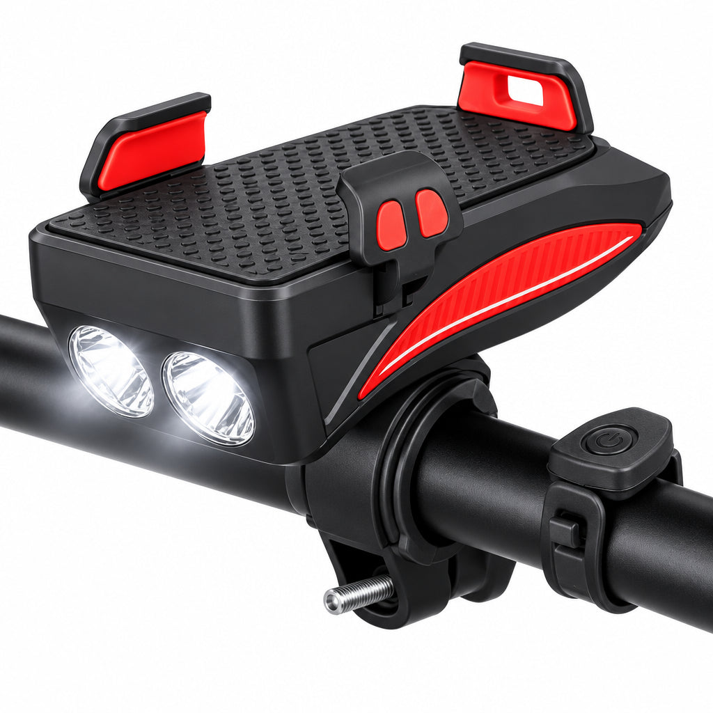 NOUVEAU RICHE 4-in-1 Velo Gadget – Handyhalterung Fahrrad mit Powerbank, LED Velolicht und Hupe, 4000 mAh, 4 Farben Rot
