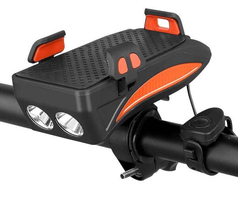 NOUVEAU RICHE 4-in-1 Velo Gadget – Handyhalterung Fahrrad mit Powerbank, LED Velolicht und Hupe, 4000 mAh, 4 Farben Orange