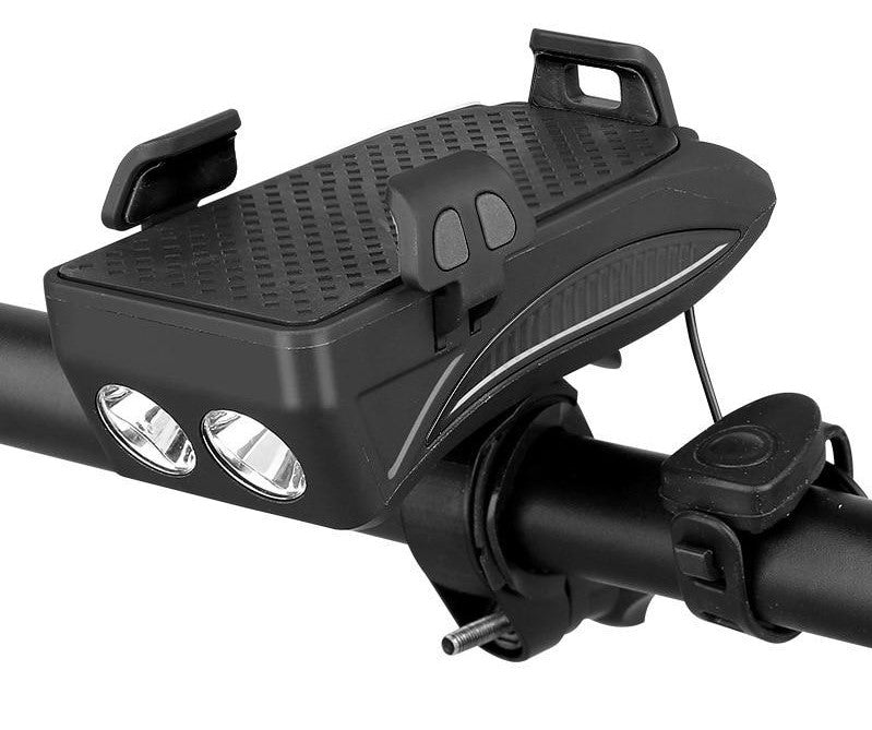 NOUVEAU RICHE 4-in-1 Velo Gadget – Handyhalterung Fahrrad mit Powerbank, LED Velolicht und Hupe, 4000 mAh, 4 Farben Schwarz