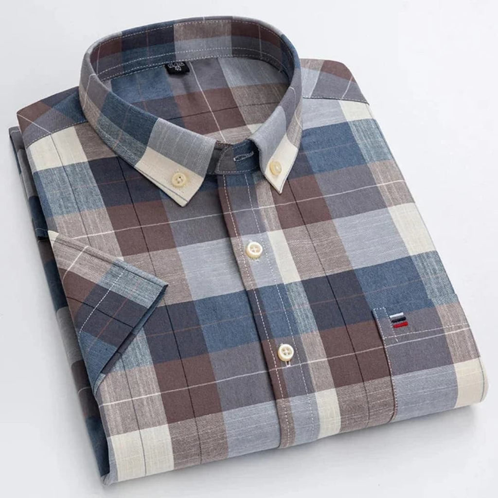 NOUVEAU RICHE Kurzarmhemd Herren kariert – Business Hemd mit Karomuster & klassischem Kragen, 6 Farben, S–7XL – Ranches Braungrau