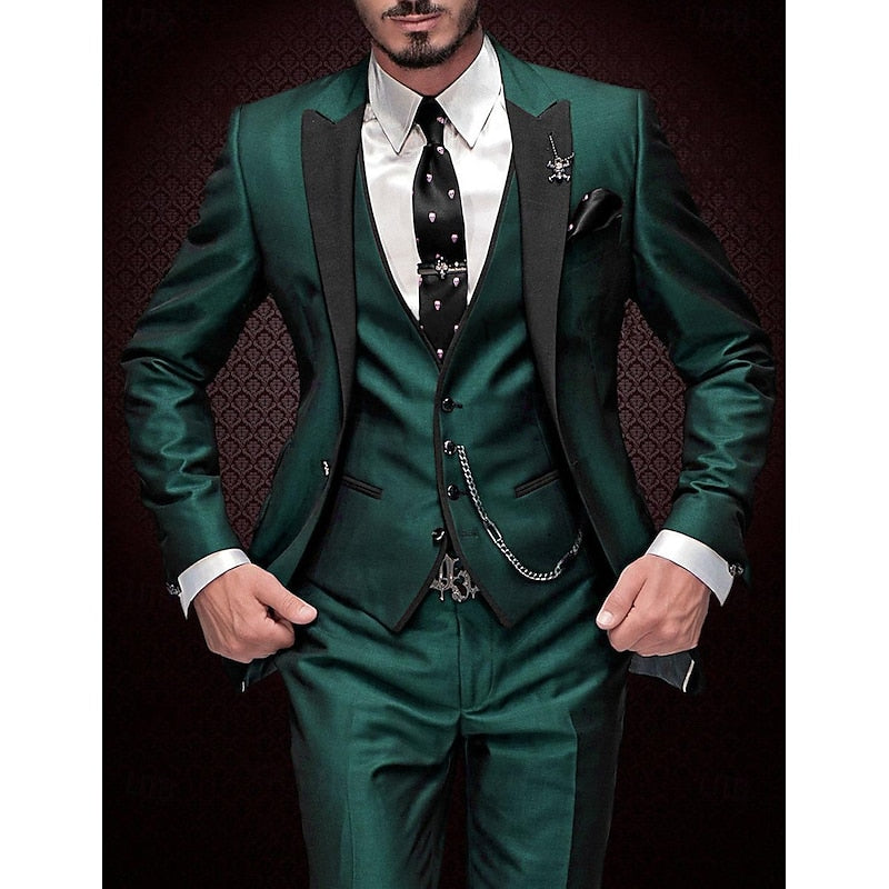 NOUVEAU RICHE Dreiteiliges Set Herren Blazer Weste Hose Stil Dunkelgrün