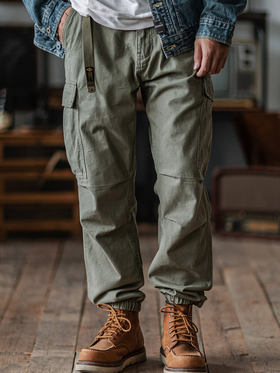 NOUVEAU RICHE Herren Gewaschene Taktische Cargo-Hosen Mit Gürtel Aus Baumwoll-Twill In Lockere Passform Mit Elastischen Bündchen Und 2 Großen Cargo-Taschen Armeegrün