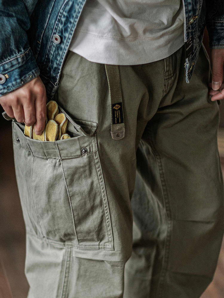 NOUVEAU RICHE Herren Gewaschene Taktische Cargo-Hosen Mit Gürtel Aus Baumwoll-Twill In Lockere Passform Mit Elastischen Bündchen Und 2 Großen Cargo-Taschen