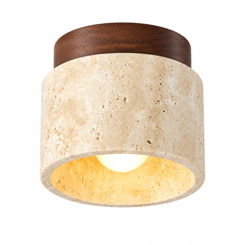 NOUVEAU RICHE Rustikale Travertin-Deckenleuchte – Wabi-Sabi Deckenlampe aus Stein & Holz, Japandi Leuchte, Walnuss oder Holz – TravaGlow Walnuss