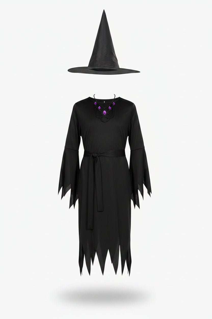Damaris | Dětské černé čarodějnické šaty, klobouk a pásek – halloweenský kostým