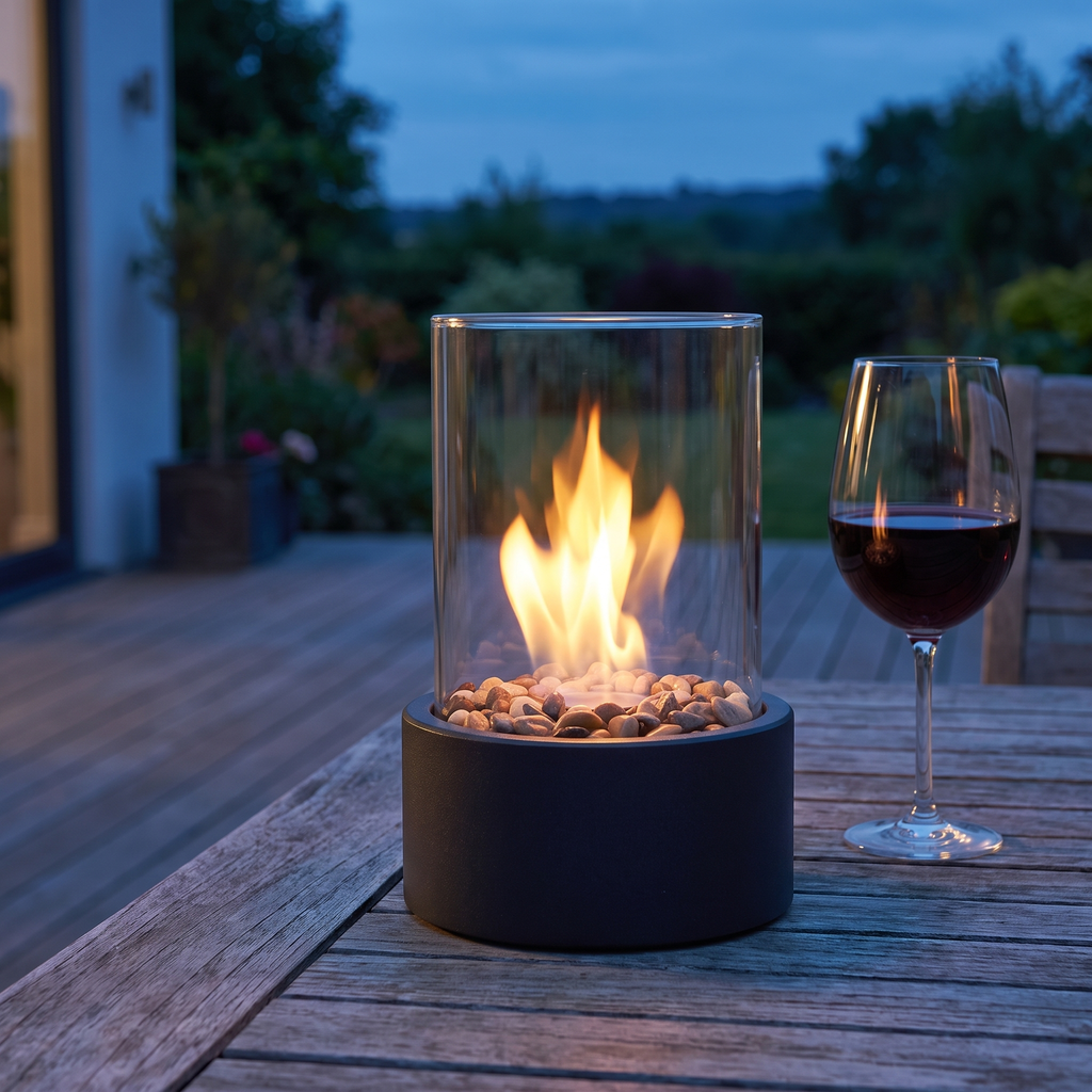 Terrassen-Tischlampe Kabellos – Akku Aussenleuchte mit Flammeneffekt, Schwarzes Aluminium, bis 15 Std.
