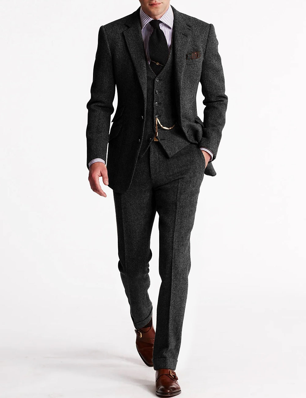 NOUVEAU RICHE Tweed Smokinganzug Herren Dreiteilig Klassisch Elegant Grau