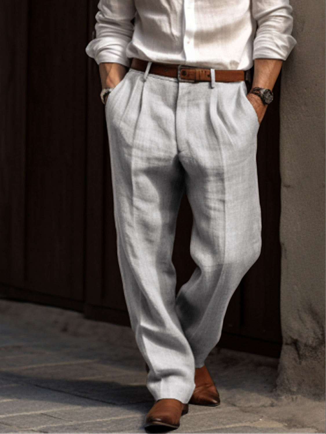 NOUVEAU RICHE Herren Leinenhose Plissiert Atmungsaktiv Bequeme Passform Grau