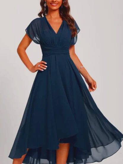 NOUVEAU RICHE Damen V-Ausschnitt Ausgestelltes Formelles Midi Kleid Marineblau