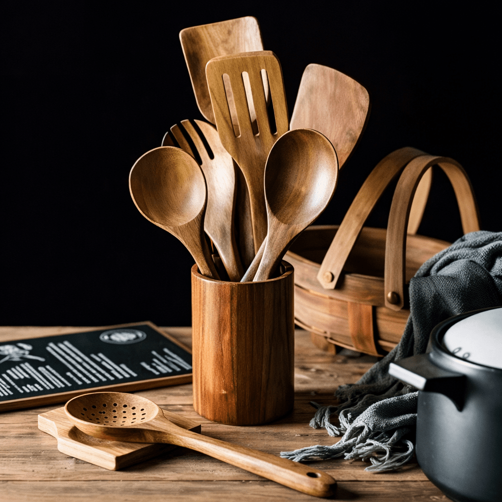 NOUVEAU RICHE Traditionelle japanische Küchenutensilien aus Holz (7-teilig) – Unbehandelte Kochlöffel & Pfannenwender aus Holz
