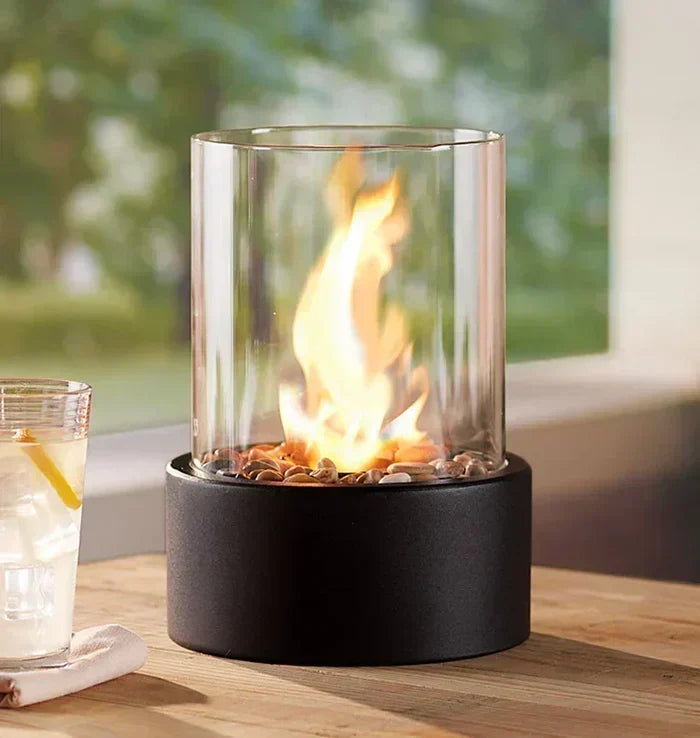 Terrassen-Tischlampe Kabellos – Akku Aussenleuchte mit Flammeneffekt, Schwarzes Aluminium, bis 15 Std.