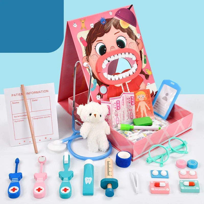 NOUVEAU RICHE Zahnarzt Spielset Kinder – Zahnarztkoffer Spielzeug mit Gebiss, Spiegel, Bohrer & Zahnbürste, ab 3 Jahren, Blau oder Rosa Rosa Standard