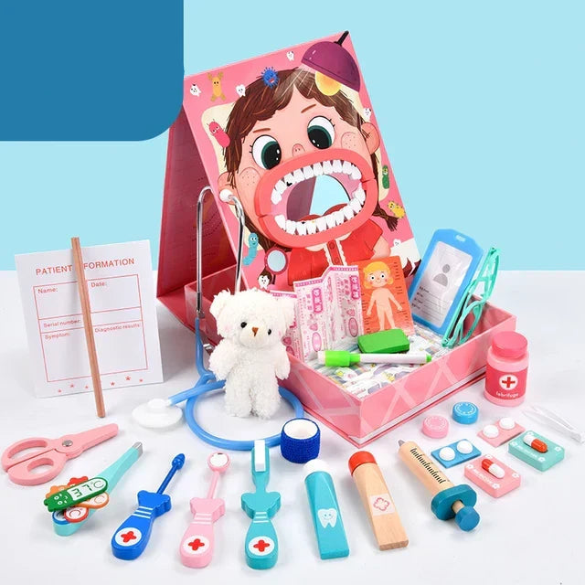 NOUVEAU RICHE Zahnarzt Spielset Kinder – Zahnarztkoffer Spielzeug mit Gebiss, Spiegel, Bohrer & Zahnbürste, ab 3 Jahren, Blau oder Rosa Rosa Erweitert