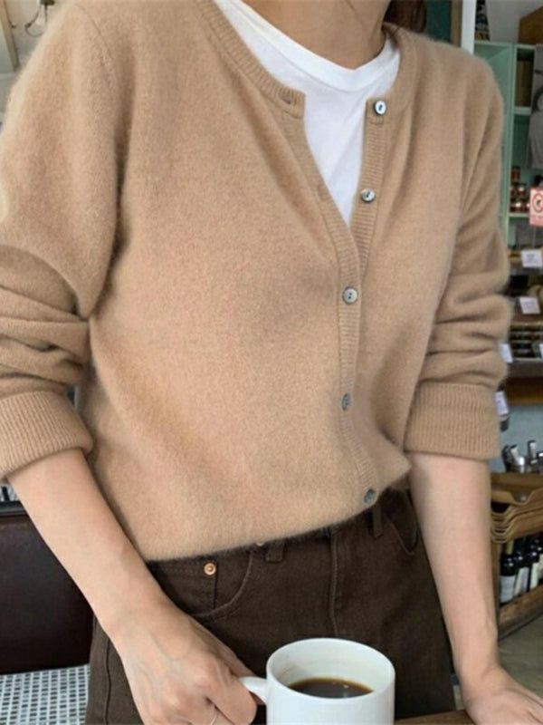 NOUVEAU RICHE Neue Runde Halslinie Geschichteter Strickcardigan Baumwolle Cracker khaki