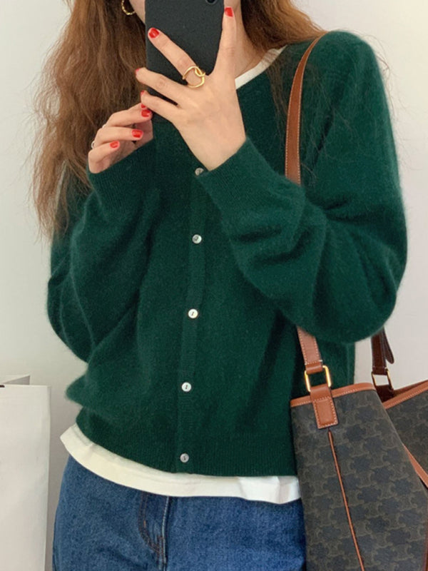 NOUVEAU RICHE Neue Runde Halslinie Geschichteter Strickcardigan Baumwolle Grün-schwarzer Jaspis