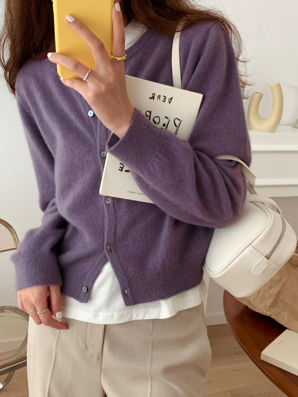 NOUVEAU RICHE Neue Runde Halslinie Geschichteter Strickcardigan Baumwolle Lila