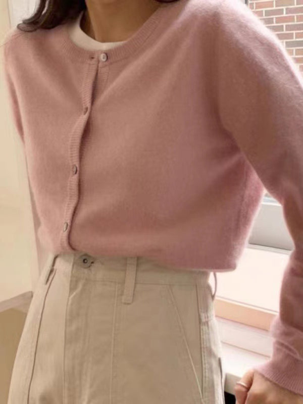 NOUVEAU RICHE Neue Runde Halslinie Geschichteter Strickcardigan Baumwolle Rosa