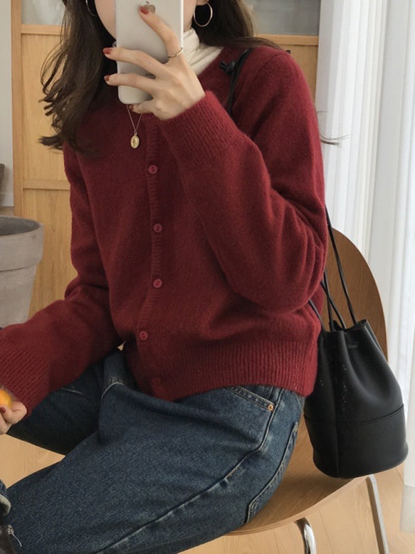 NOUVEAU RICHE Neue Runde Halslinie Geschichteter Strickcardigan Baumwolle Weinrot