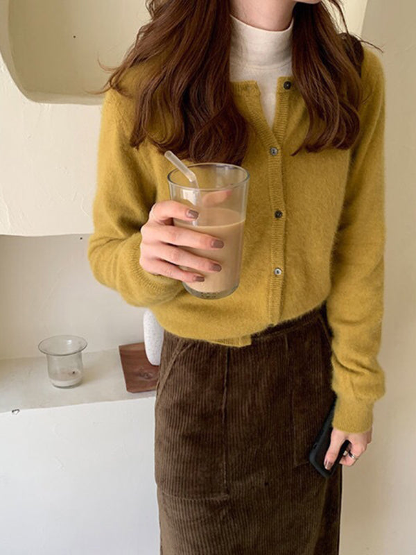 NOUVEAU RICHE Neue Runde Halslinie Geschichteter Strickcardigan Baumwolle Gelb