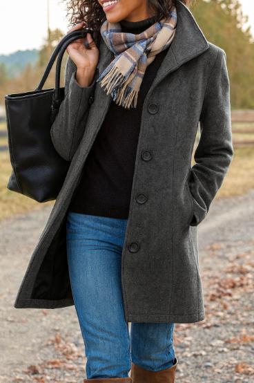 NOUVEAU RICHE Trenchcoat Damen Lang Winter Warmer Eleganter Mantel Grau