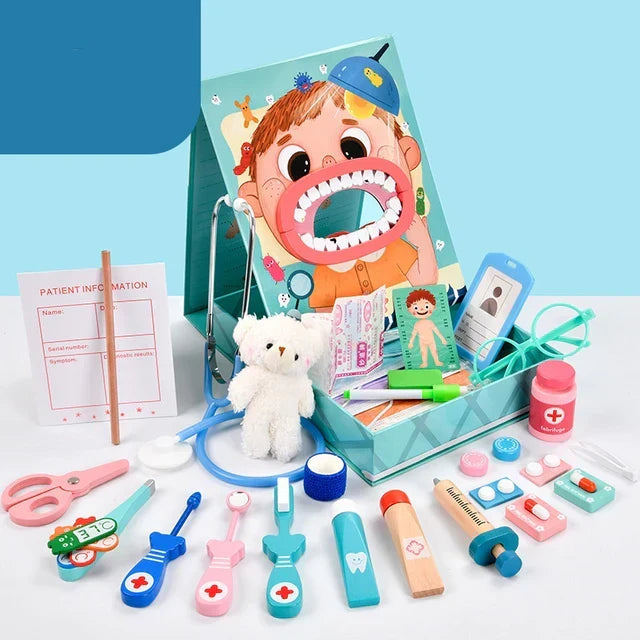 NOUVEAU RICHE Zahnarzt Spielset Kinder – Zahnarztkoffer Spielzeug mit Gebiss, Spiegel, Bohrer & Zahnbürste, ab 3 Jahren, Blau oder Rosa Blau Erweitert