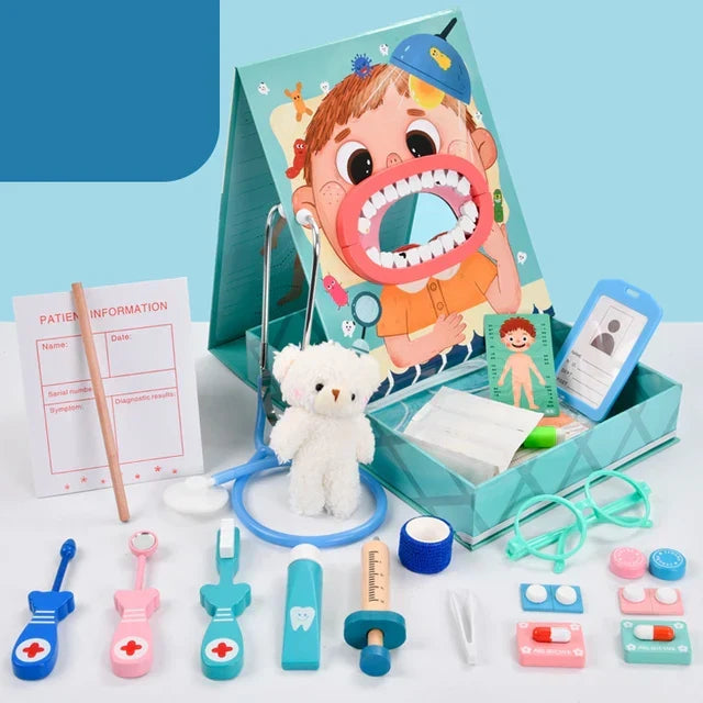 NOUVEAU RICHE Zahnarzt Spielset Kinder – Zahnarztkoffer Spielzeug mit Gebiss, Spiegel, Bohrer & Zahnbürste, ab 3 Jahren, Blau oder Rosa Blau Standard