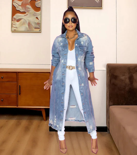 NOUVEAU RICHE Damen Lange Jeansjacke Für Damen Blau Denim Moderner Stil Hellblau