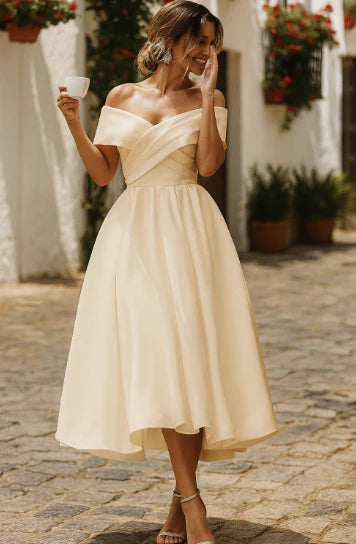 NOUVEAU RICHE Damen Brautkleid Elegantes Schulterfrei Midi Für Damen Beige