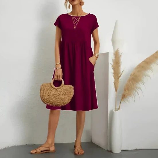 NOUVEAU RICHE Damen Elegantes Sommerkleid Mit Kurzen Ärmeln Für Damen Midi Burgunderrot