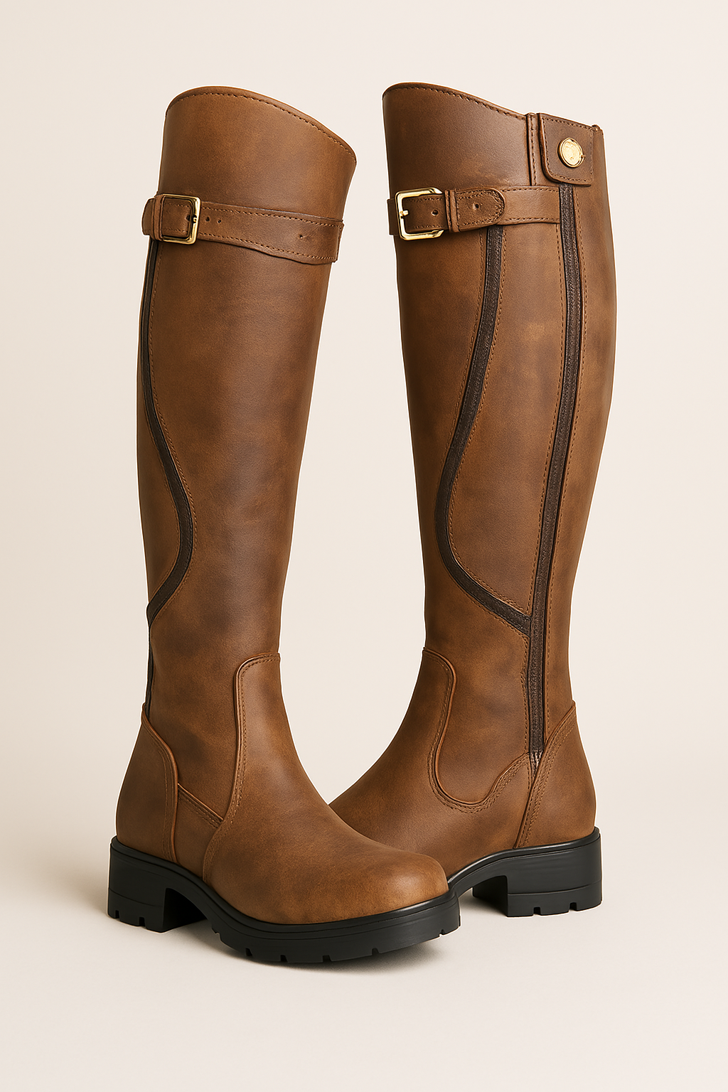 Amore | Kniehohe Stiefel für Damen | Schnallenriemen mit Profilsohle