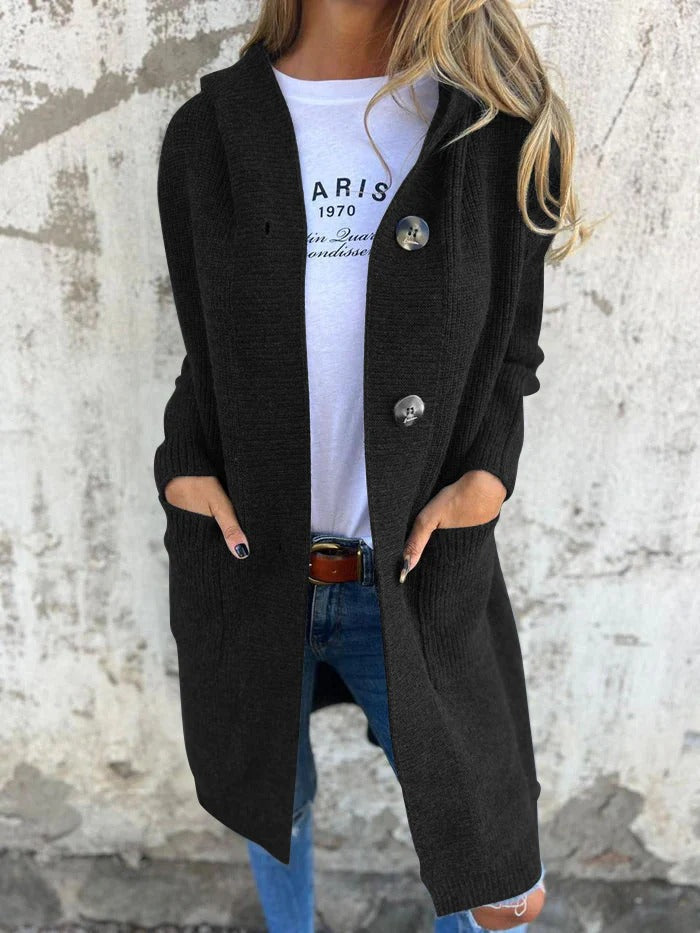 NOUVEAU RICHE Gemütlicher Longline-Cardigan mit Kapuze – Lange Strickjacke Damen mit Kapuze, lockere Passform, S–3XL – Flōre Schwarz