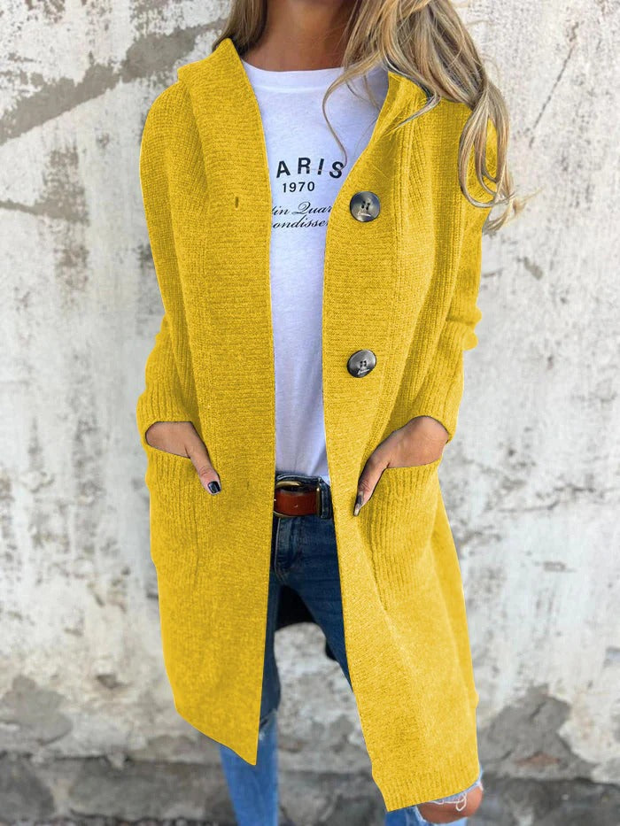 NOUVEAU RICHE Gemütlicher Longline-Cardigan mit Kapuze – Lange Strickjacke Damen mit Kapuze, lockere Passform, S–3XL – Flōre Gelb