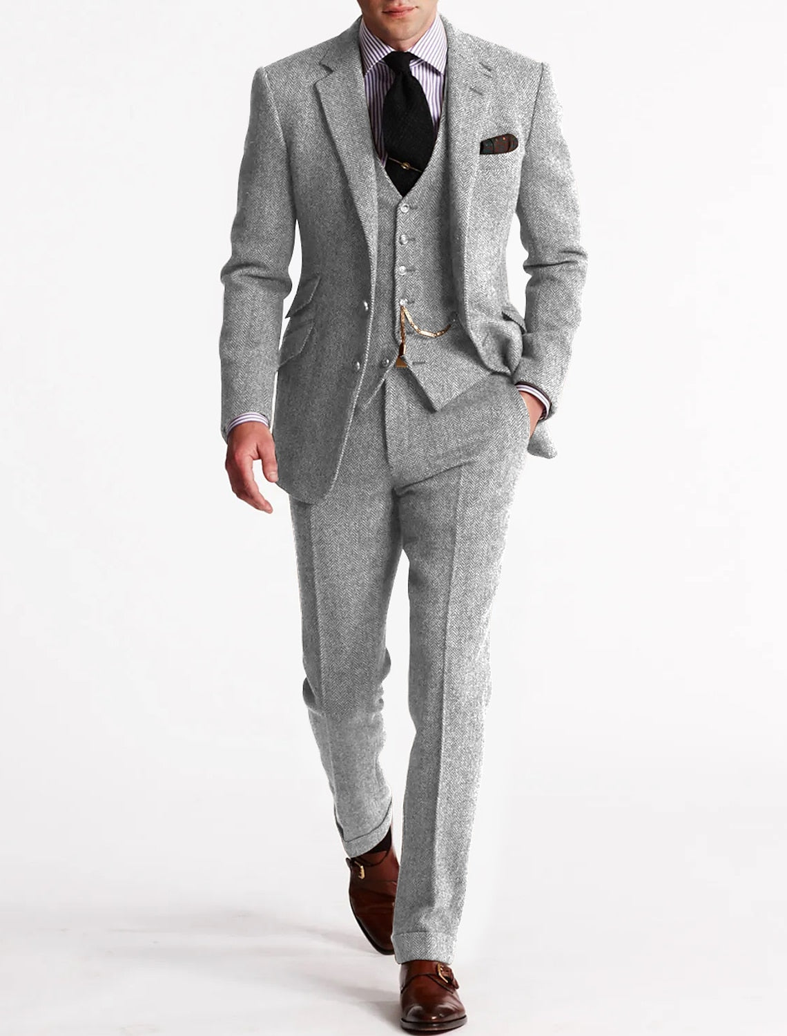 NOUVEAU RICHE Tweed Smokinganzug Herren Dreiteilig Klassisch Elegant Silber