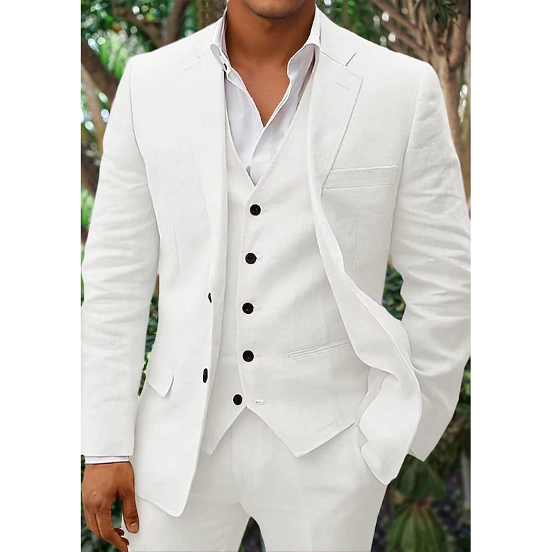 NOUVEAU RICHE Dreiteiliges Leinen Set Herren Blazer Weste Hose Komfort Weiß