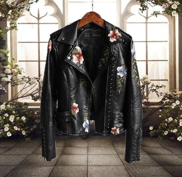 NOUVEAU RICHE Damen Bikerjacke Blumenmuster Freizeitlook Kontrast Schwarz